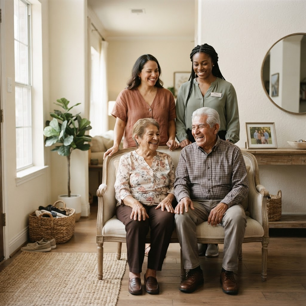 A multi-generational Texas family at home with their caregiver