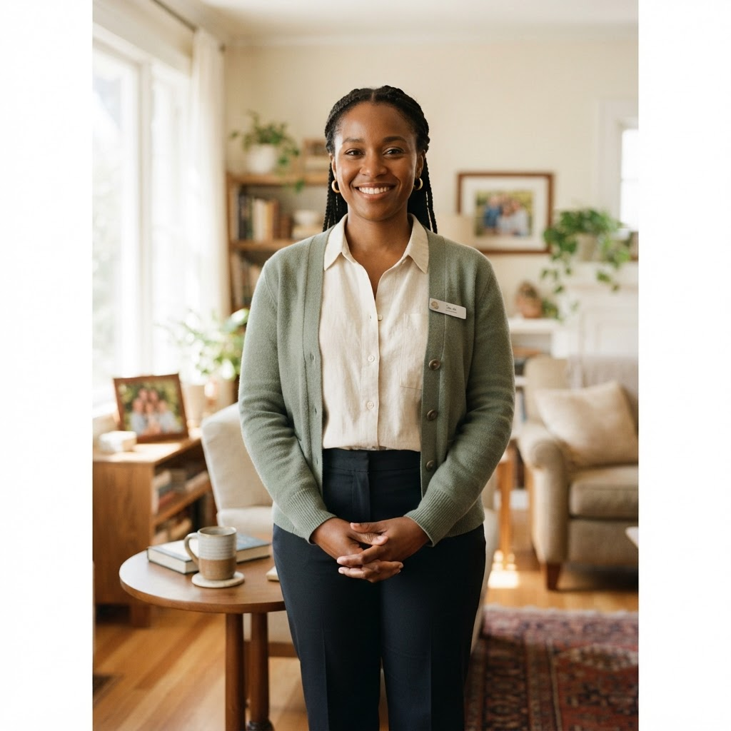A warm, confident caregiver smiling in a sunlit home