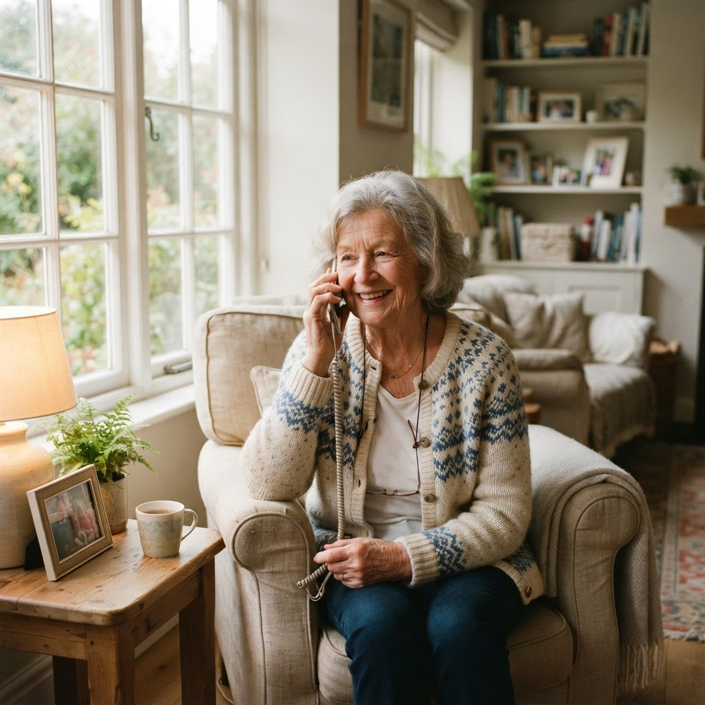 An elderly woman smiling while talking on the phone at home