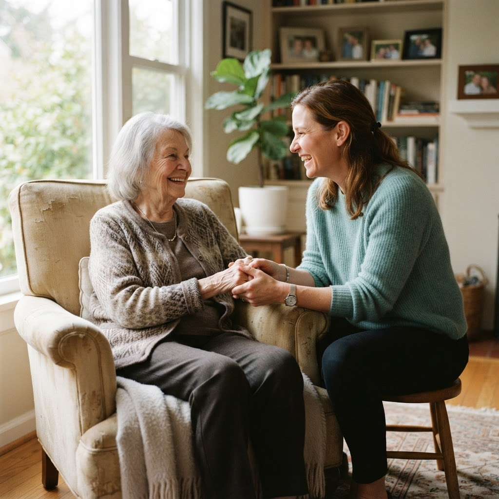 A home caregiver sharing a warm moment with a smiling elderly woman in her living room