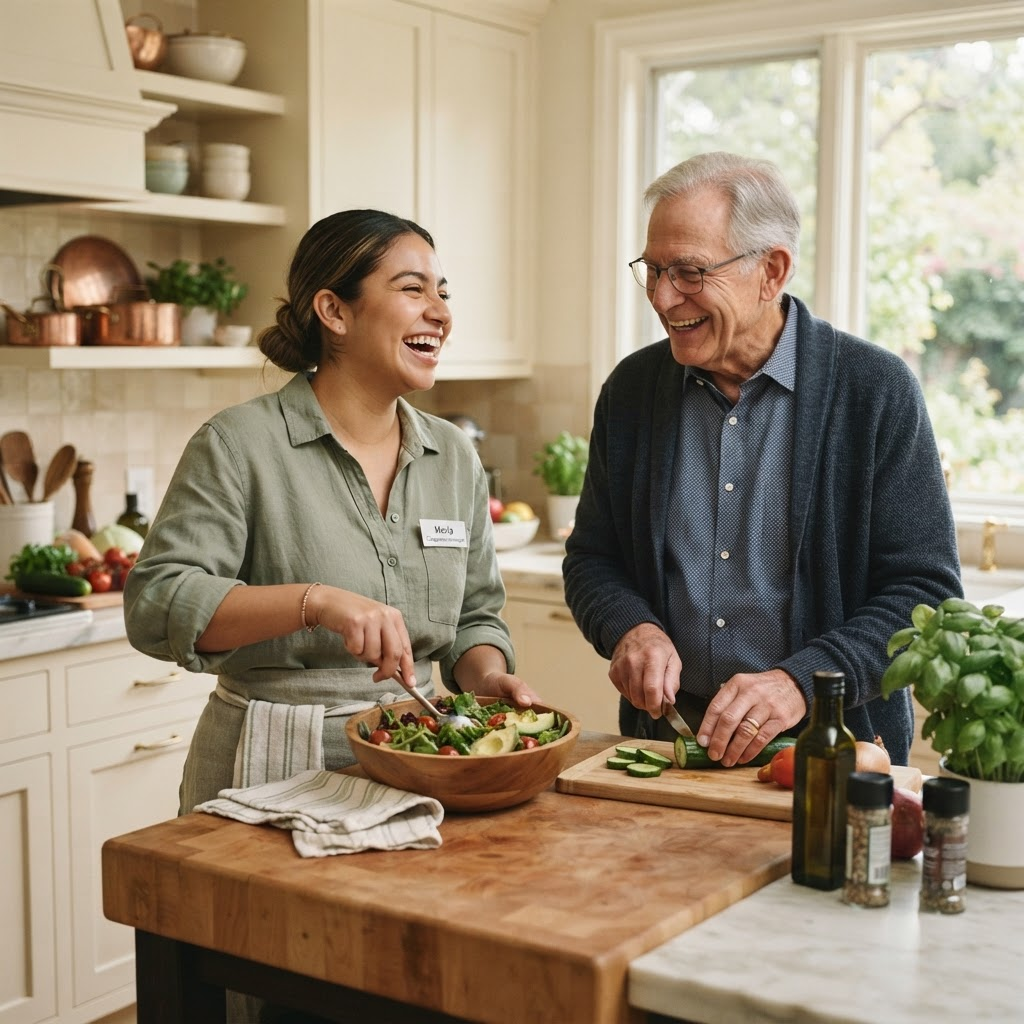 A caregiver preparing a meal alongside an elderly man in a bright home kitchen