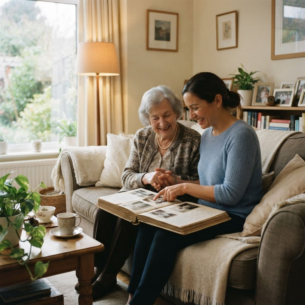 A caregiver and an elderly woman looking through a photo album together on a sofa