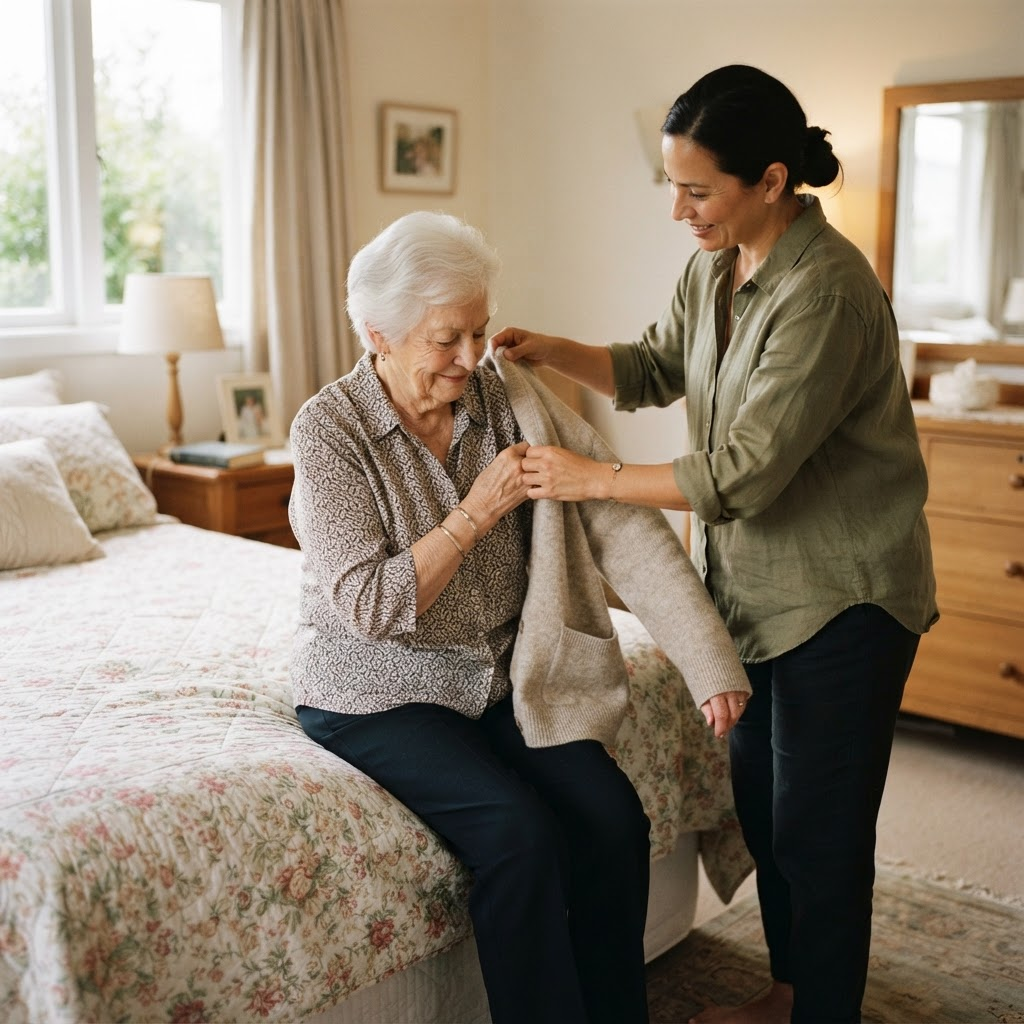 A caregiver gently helping an elderly woman get ready for the day at home